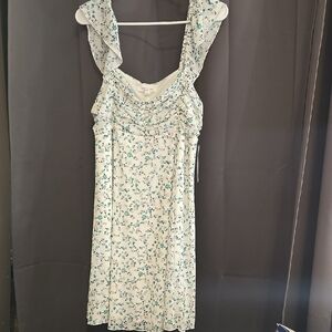 Floral Ruffle Strap Mini Dress - White with Teal Print